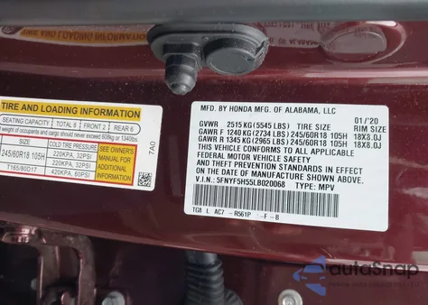 2020 Honda Pilot 2Wd Ex-L from USA, damaged, VIN 5FNYF5H55LB020068
